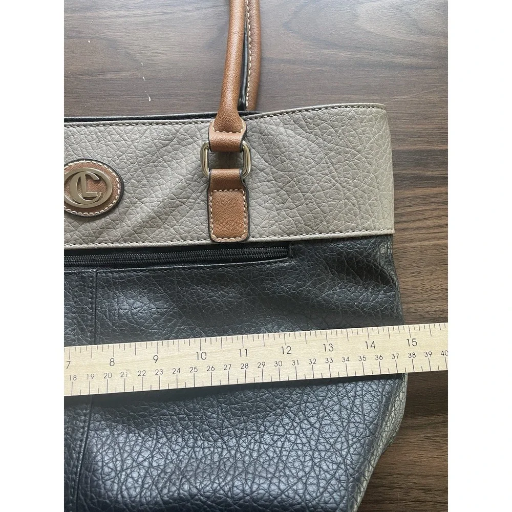 CL Carryland Tan & Black Satchel Purse Bag 3 Int Compartments 2 Ext Zip 2 Handle